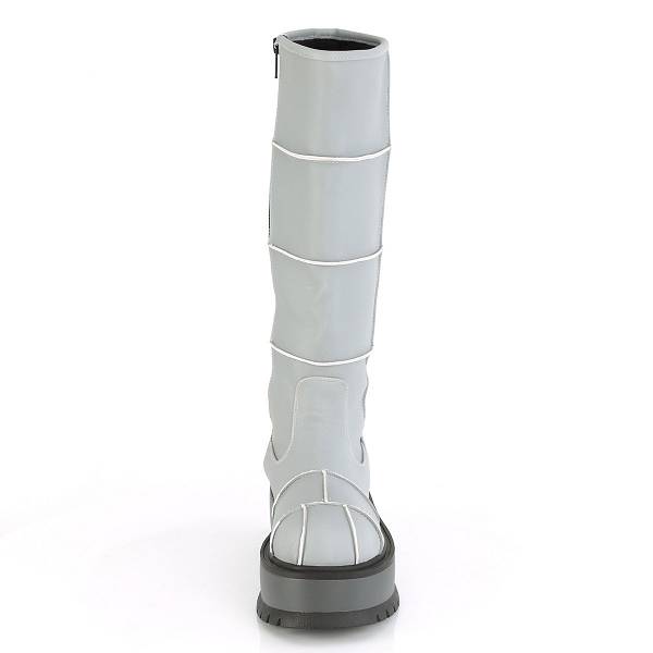 Demonia Women's Slacker-230 Knee High Platform Boots - Gray Reflective Vegan Leather D6375-18US Clearance